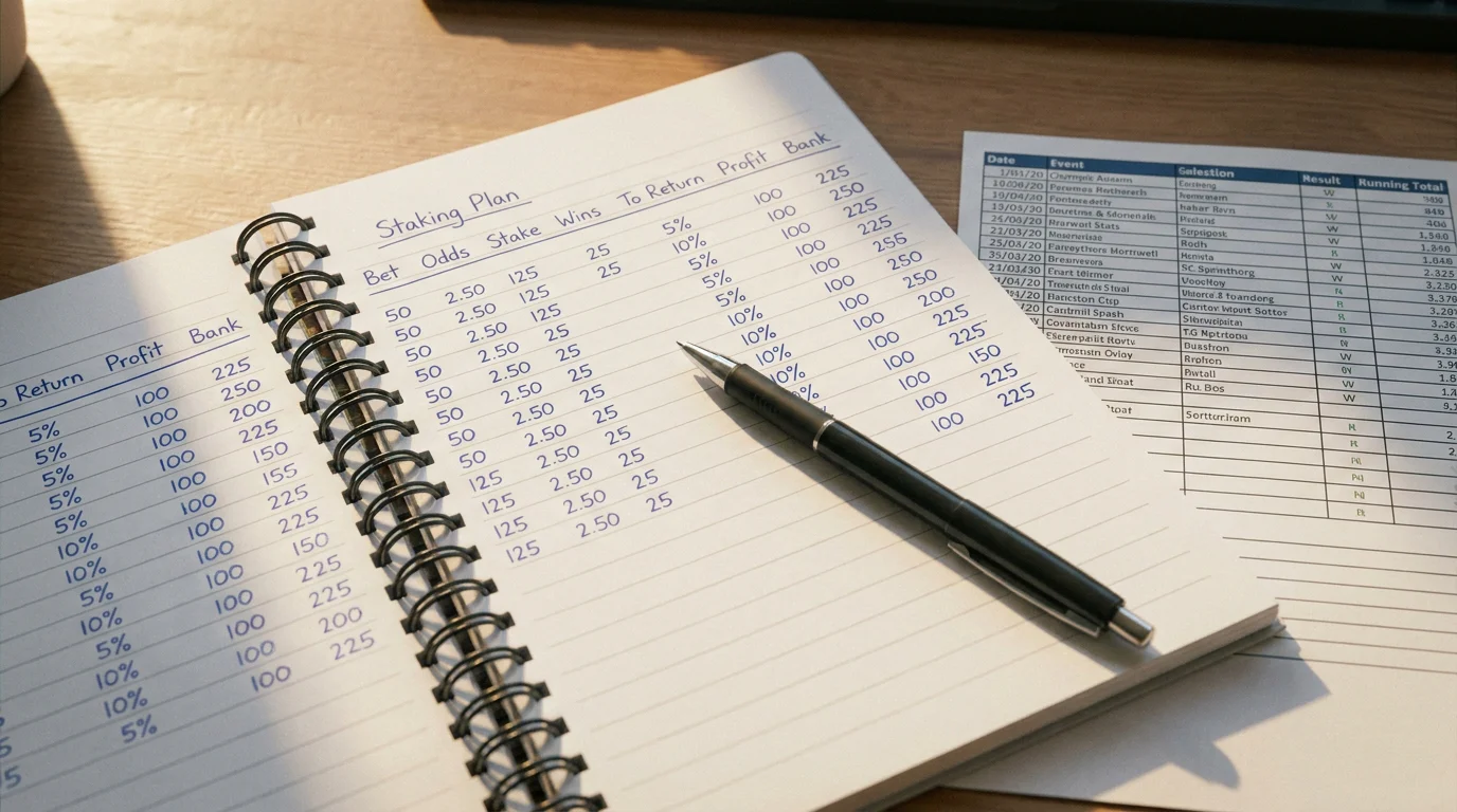 Open notebook with a handwritten staking plan and unit calculations next to a pen on a wooden desk