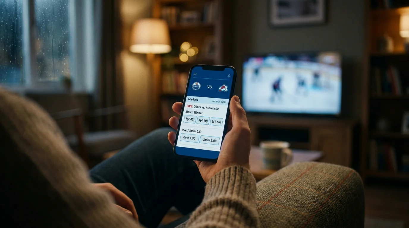 Hand holding a smartphone displaying ice hockey betting markets with decimal odds