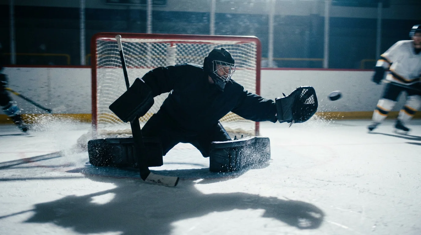 NHL goaltender in full equipment making a save during a professional ice hockey game