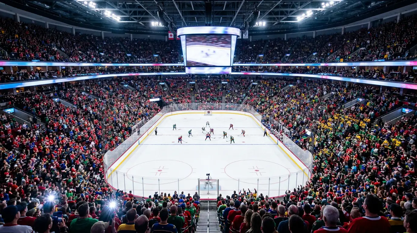 Packed ice hockey arena with fans cheering during a professional NHL home game