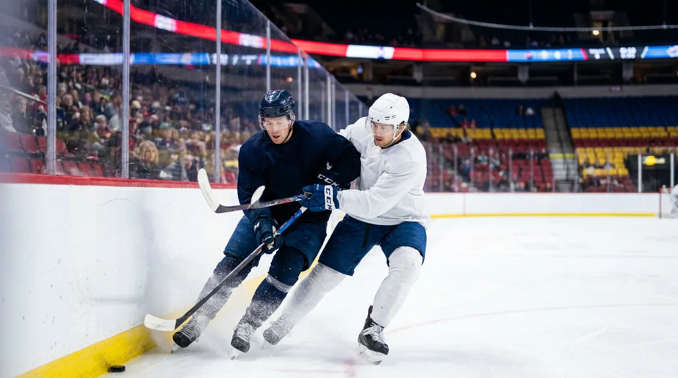 Ice hockey players competing for the puck during a professional NHL game under arena lights