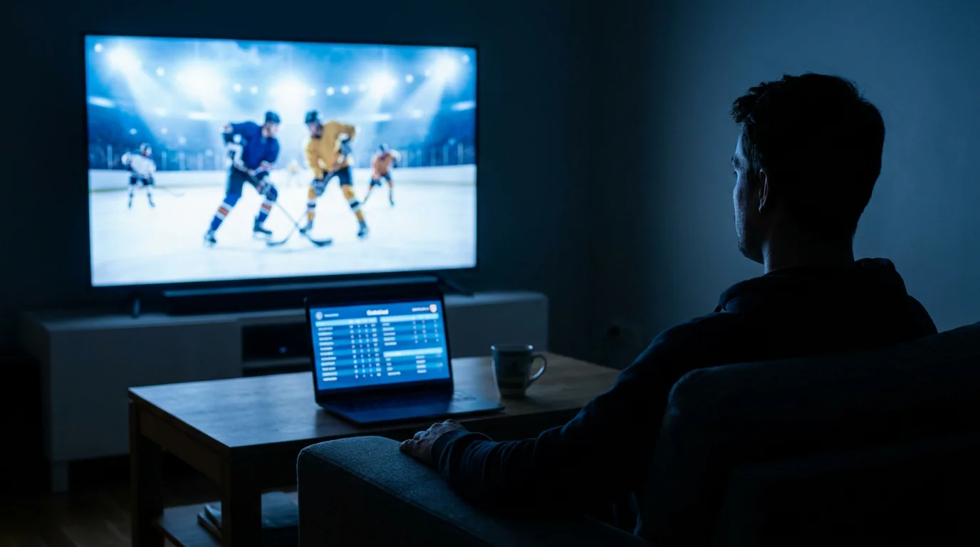 Person watching a live ice hockey broadcast on a television screen late at night with a laptop open nearby
