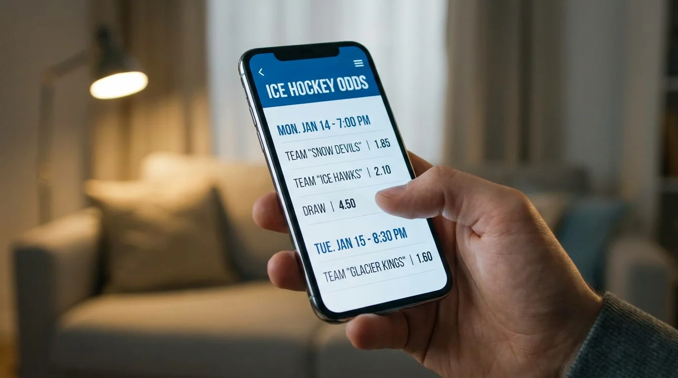 Close-up of a smartphone screen showing NHL betting odds with moneyline and puck line markets