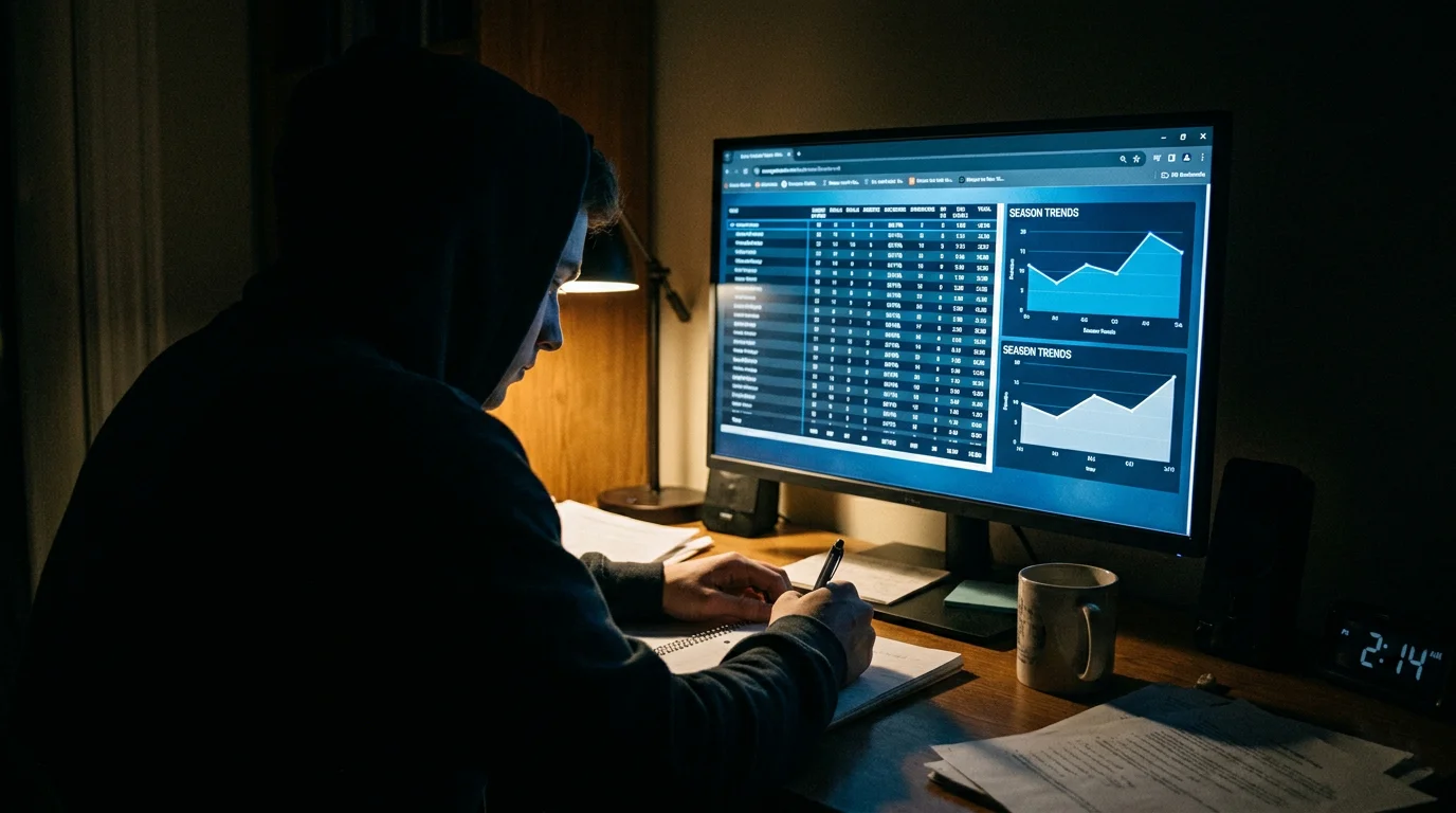 Person studying ice hockey statistics and team data on a desktop monitor in a dimly lit room